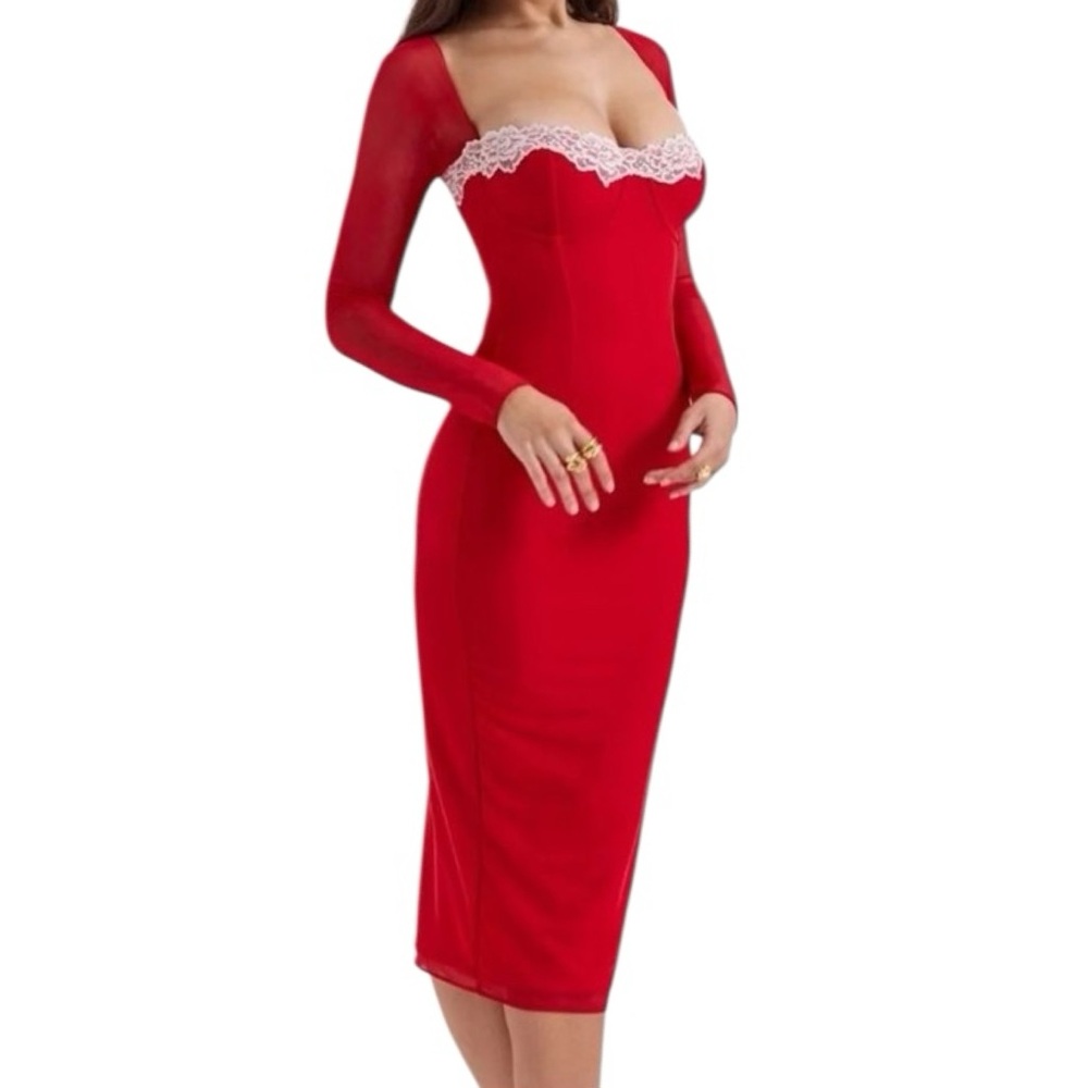 House of CB MP Scarlet Red Pink Lace Nylon Bodycon Corset Seraphina Dress Glam - Picture 1 of 9